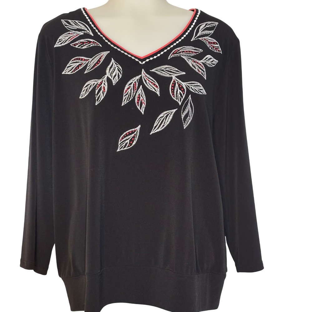 Alfred Dunner Black Long Sleeve V Neck Embroidered Leaf Top Women L NWOT NICE!!